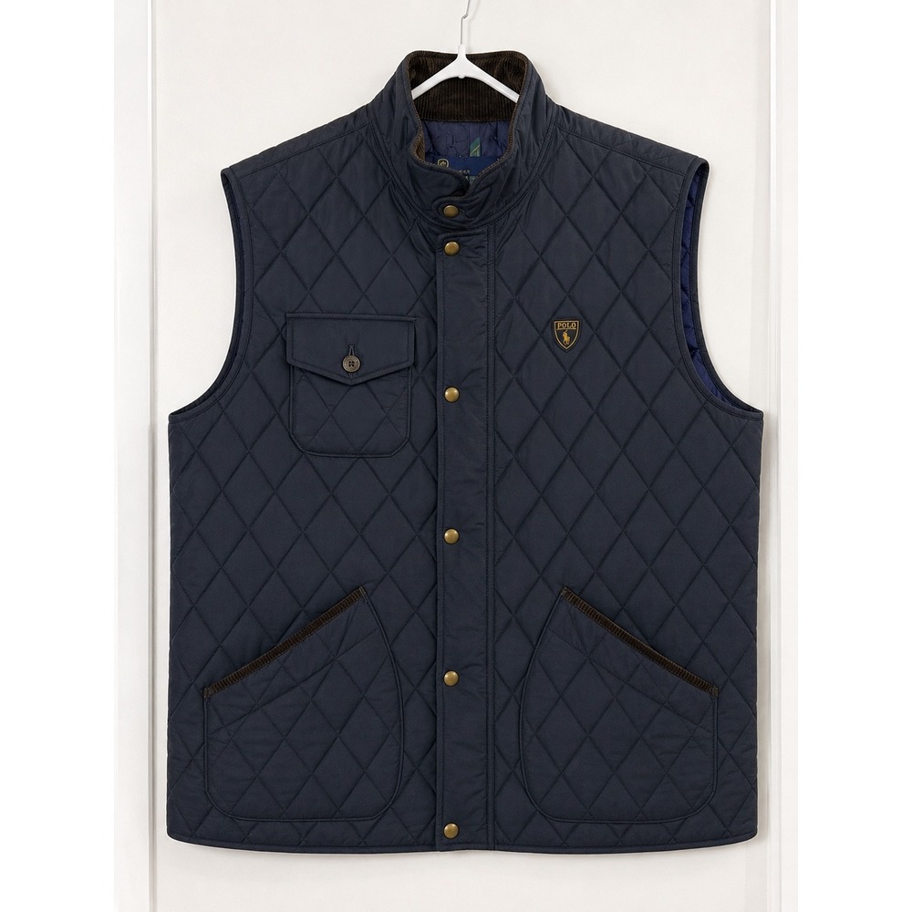 Polo Ralph Lauren Mens Navy Blue Quilted Vest Corduroy Trim Crest 3XB Big & Tall